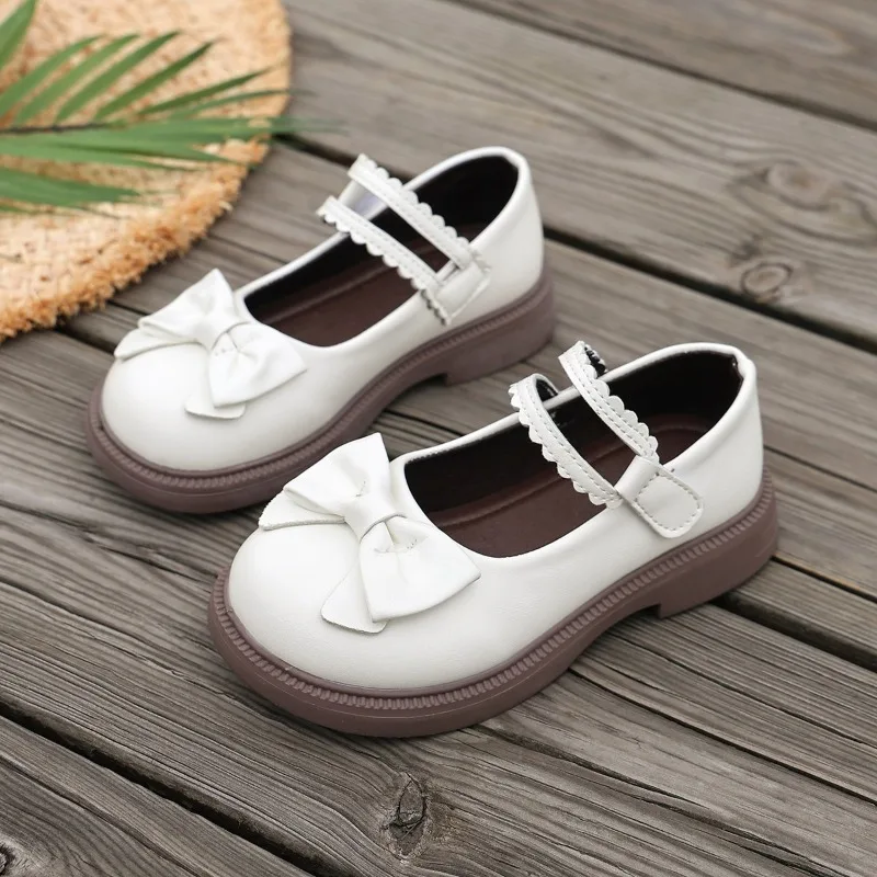 Kids Leather Shoe Cut-outs Non-slip Princess Shoes for Girls Sweet Fashion Children Causal School Walking Flat Shoes Beige 26-36