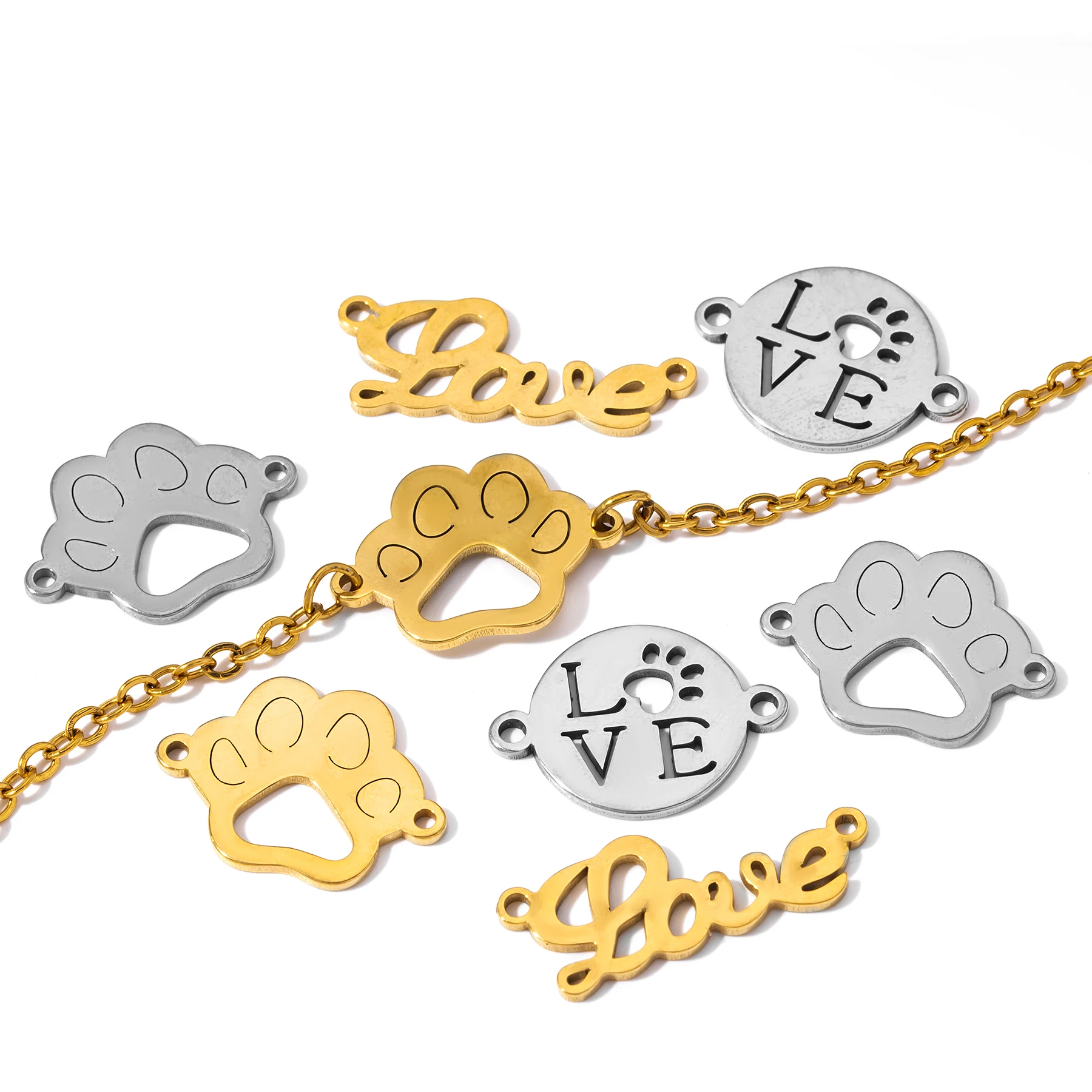 10 Stück/Set Edelstahl-Verbindungsanhänger mit Liebesbrief- und Pfotenabdruck-Motiv für DIY-Schmuckherstellung, Armband, Halskette – Detail 3