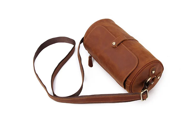 Vintage Crazy Horse Cowhide Bucket Bag Leather Shoulder Men's Crossbody Bag Fashion Small Leather Men's and Women's Cool Bag