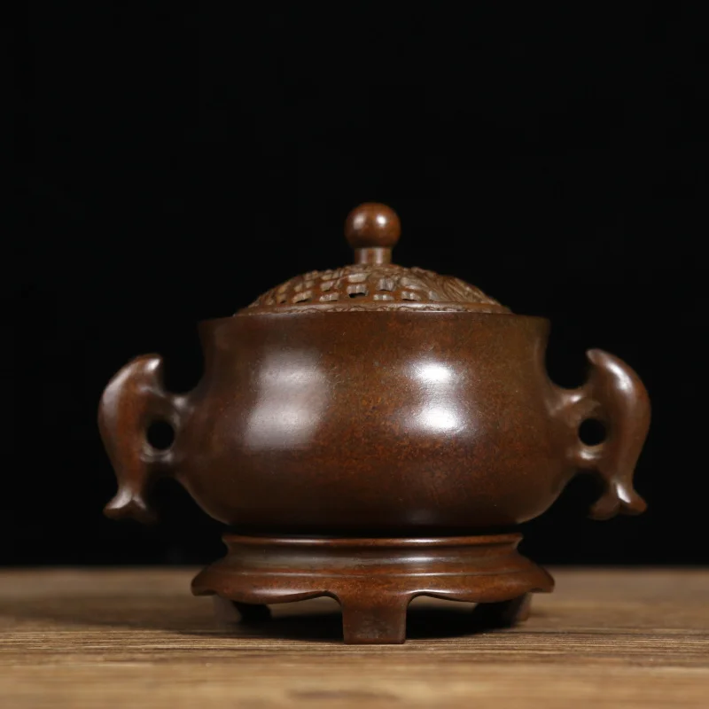 Su-style antique copper base with double fish ears and Zen-inspired lotus design, a home-use incense burner in th