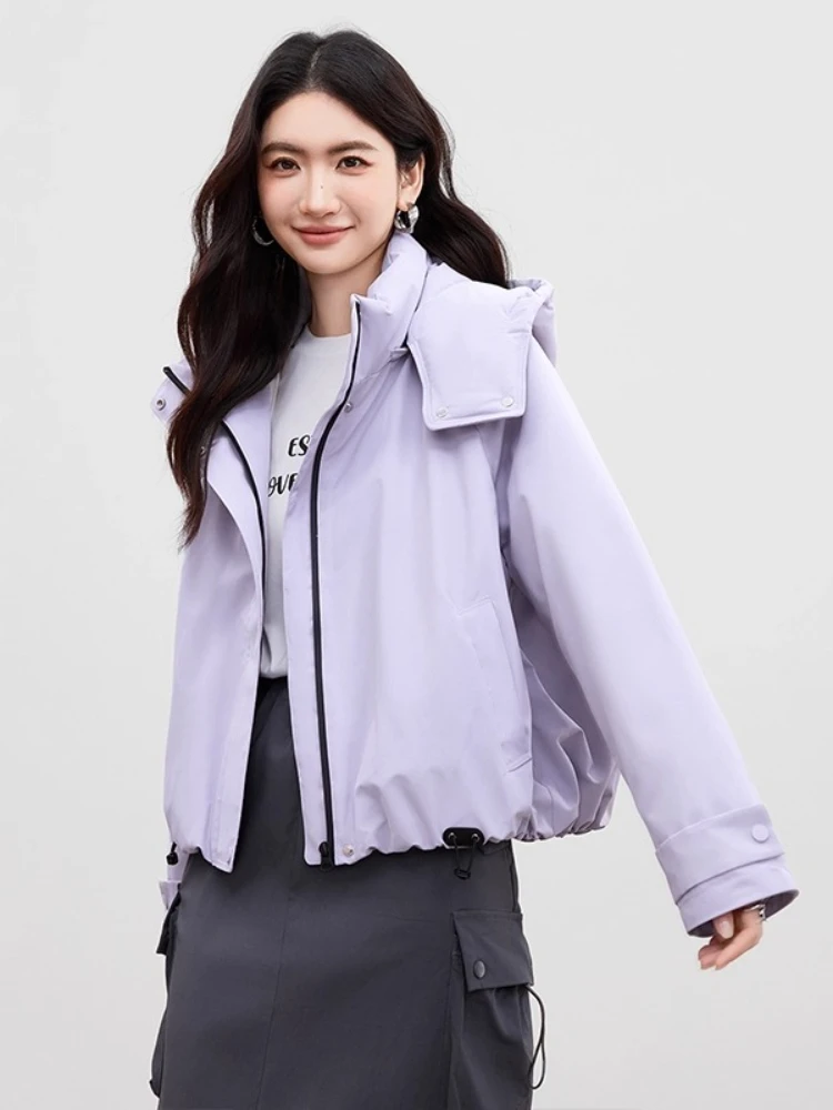 SENTUBILA 여성용 숏 화이트 덕다운 코트 2025 겨울 탈부착 가능한 후드 끈 디자인 따뜻하고 가벼운 숏 코트 W54YC1881