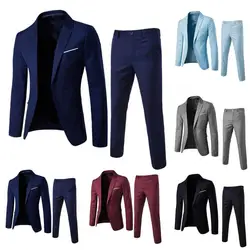 1 Set Trendy Suit Jacket Trousers Handsome Business Suit Turndown Collar Pure Color One Button Suit Set  Daily Wear