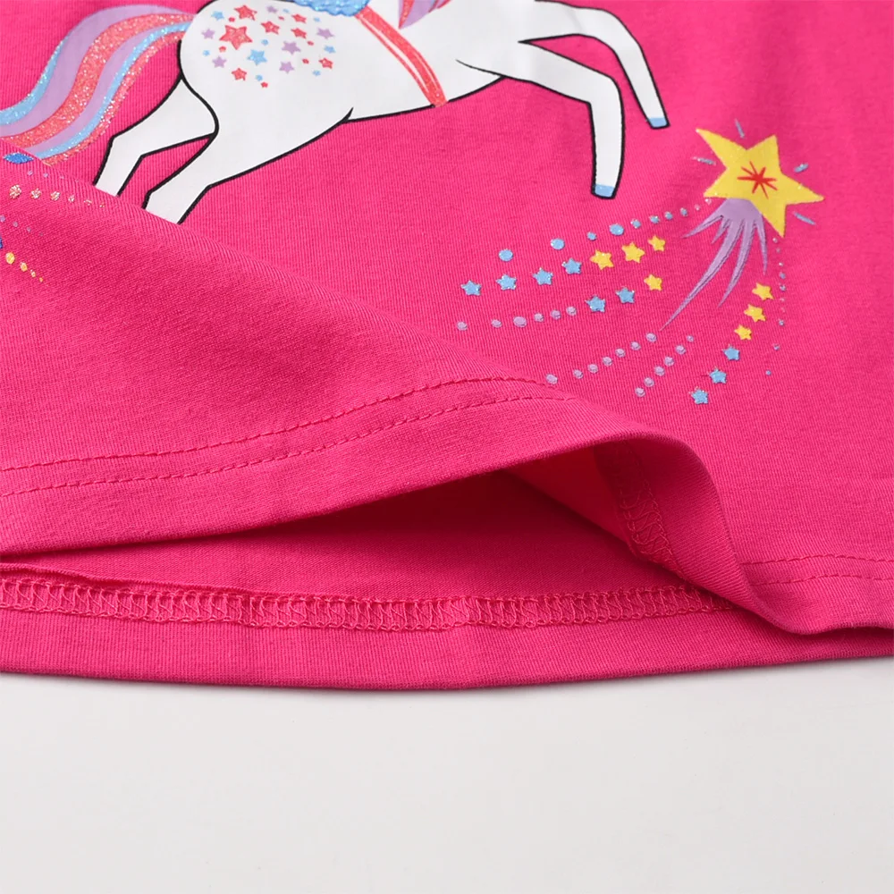 VIKITA Mädchen-Kleid mit Einhorn-Print, Regenbogen-Streifen und Rüschenärmeln, gerades Kleid für Kinder, Baumwolle, lässig, täglich, weich, gemütlich, rosa Outfit-Kleider – Detail 6