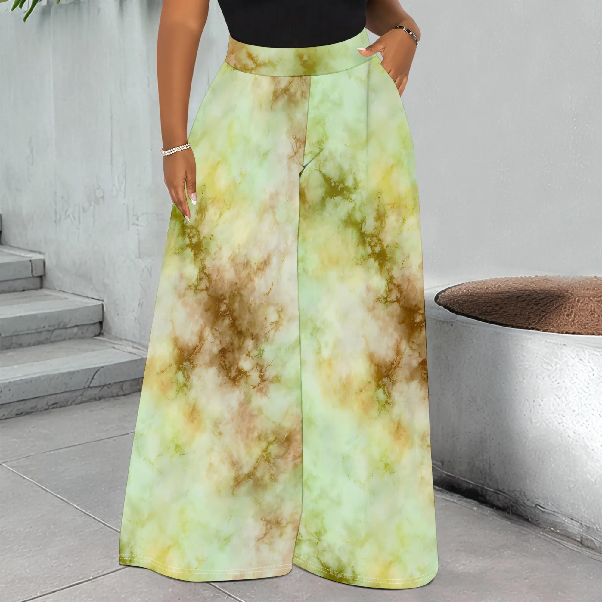 

Tie Dye Print Wide Leg Pants Green Brown Trousers Casual Loose Fit Palazzo Pants with Pockets Summer Beach Wear for Women