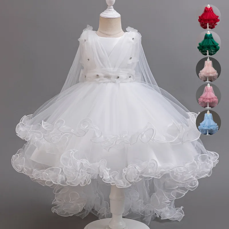 Girl Princess Dress White Trailing Wedding Bridesmaid Dress For Piano Perform Dress Elegant Girls Party Dresses Kids Prom Dress