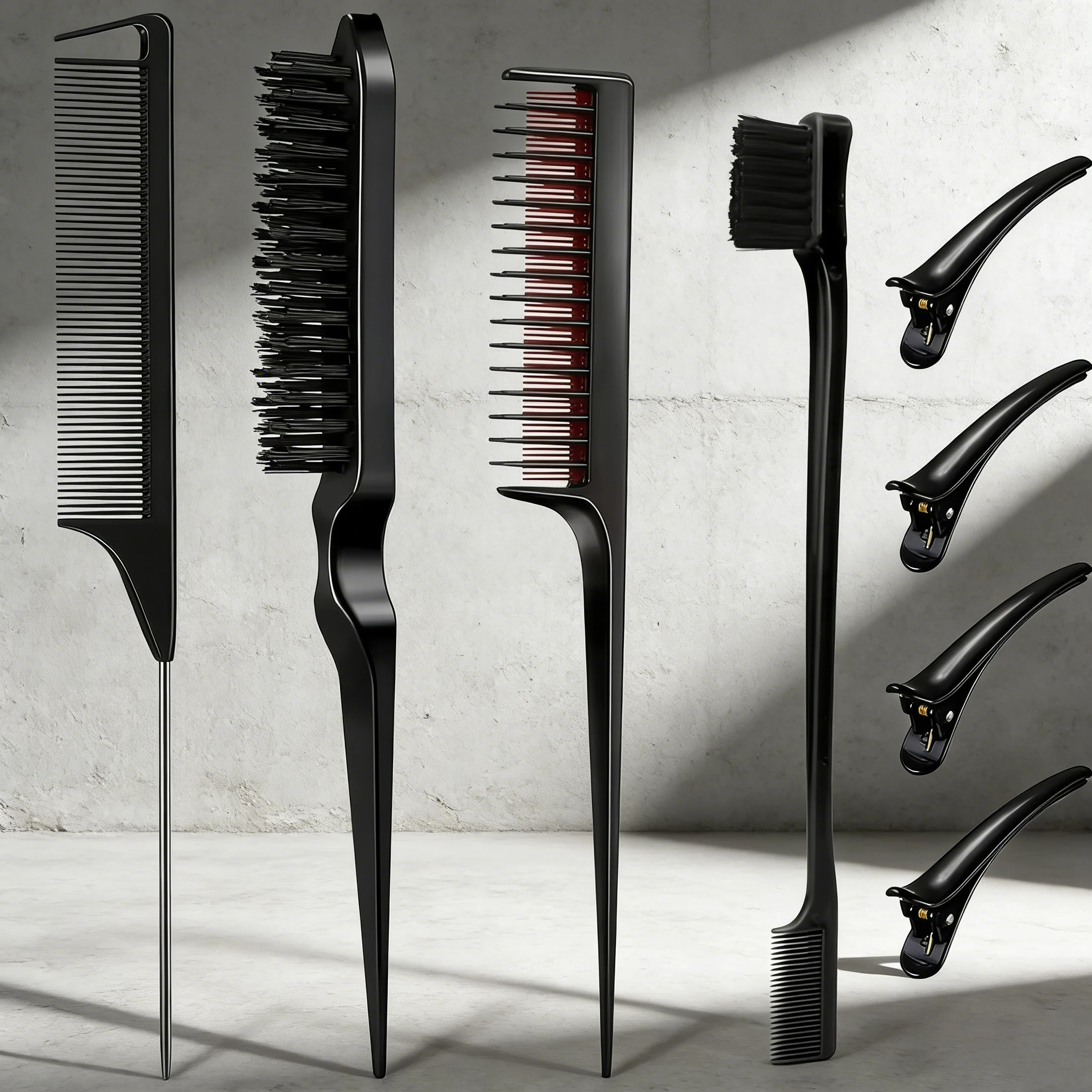 8-piece styling tool set with pointed tail comb, nylon hair brush, edge brush, and 4 duckbill clips, suitable for hair salons