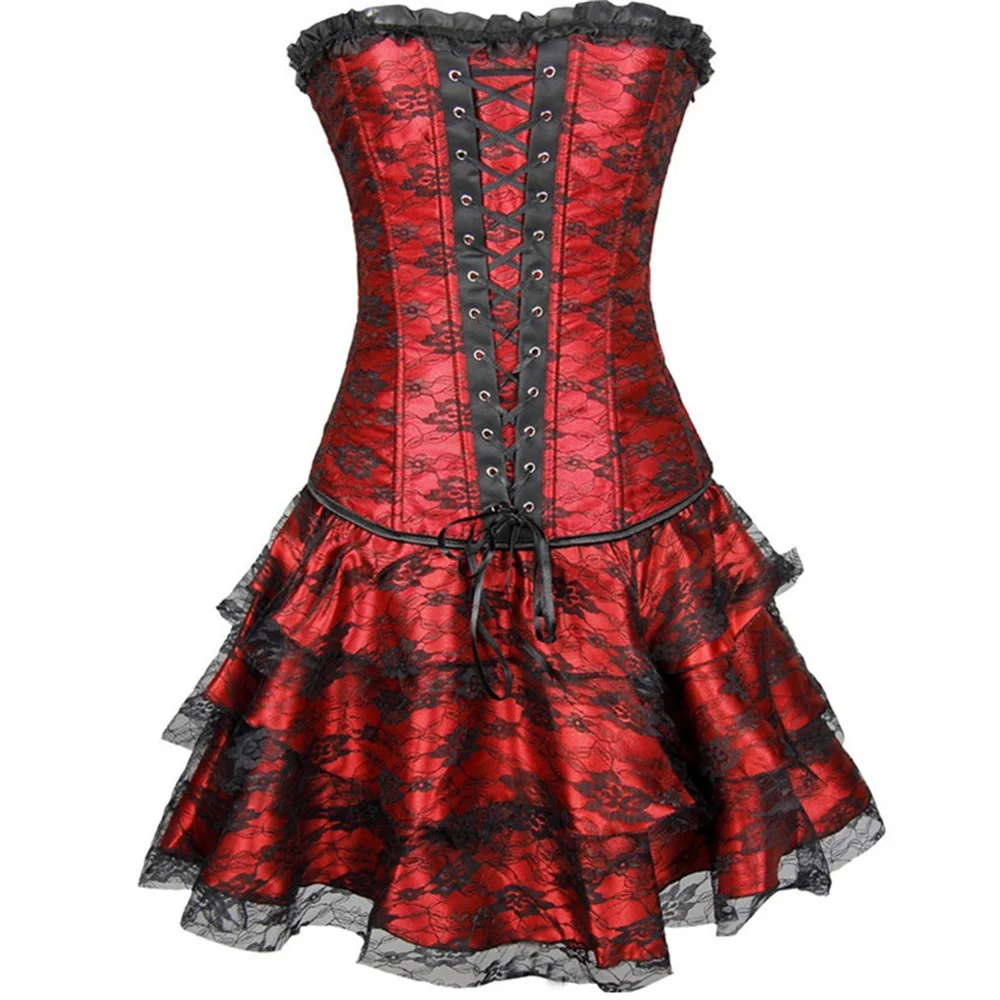 Women Sexy Lace Floral Corset Dress Vintage Victorian Burlesque Corset Top With Gothic Ruffle Asymmetry Skirt Set