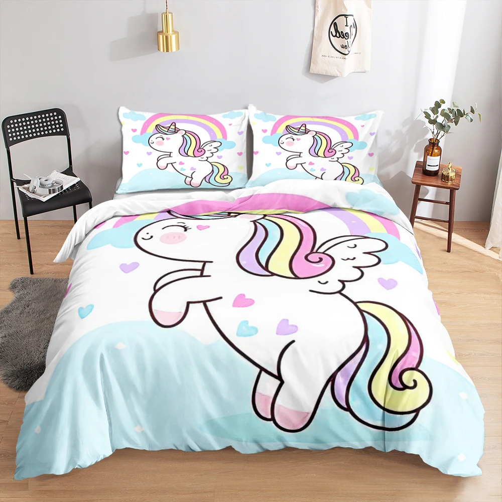 Kawaii Unicorn Colorful Luminous Unicorn Kids Bedding Set for Girls Pink Deluxe Quilt Cover Bedding Set King Queen Quilt Cover