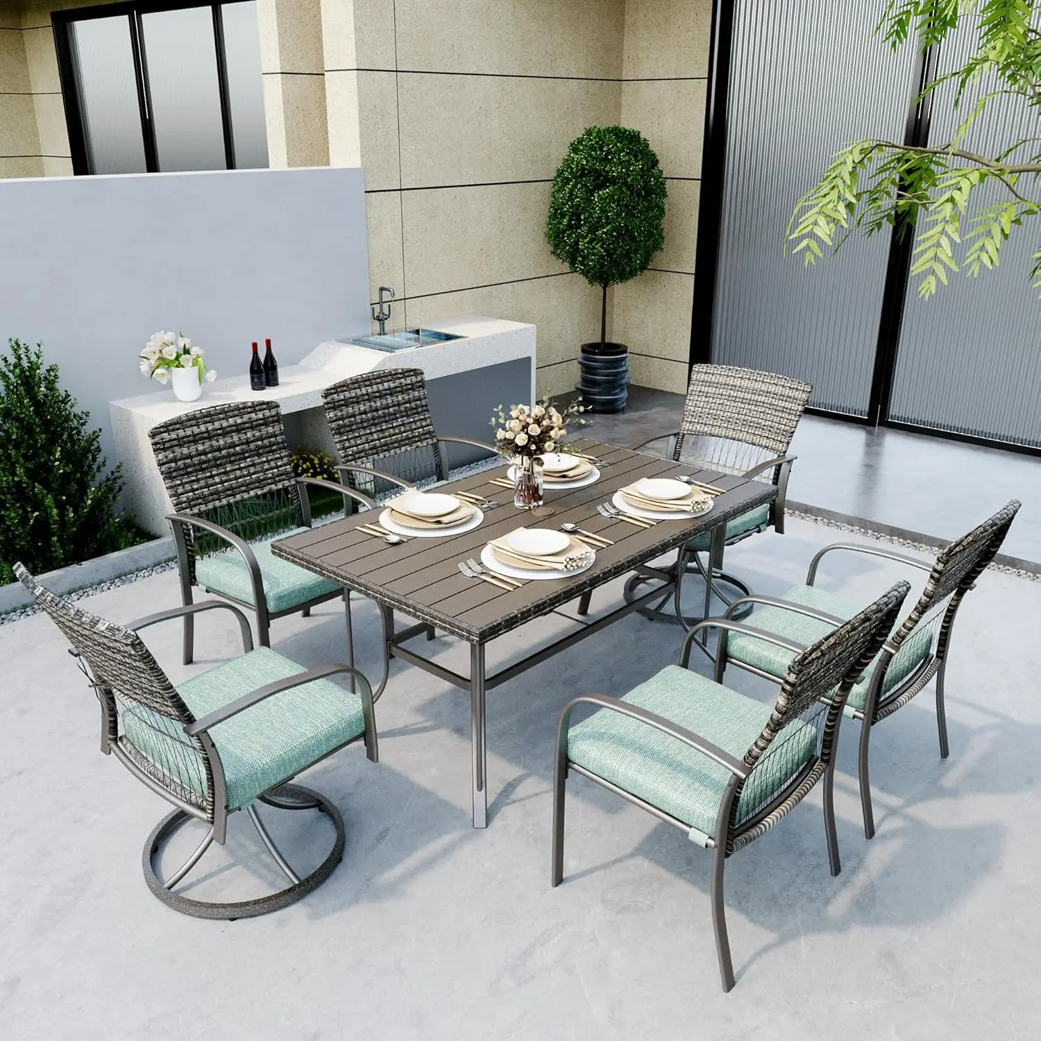 

7 Piece Patio Dining Set for 6,Wicker Outdoor Furniture Set with Table,4 Dining Chairs and 2 Swivel Rockers,Removable Cushions