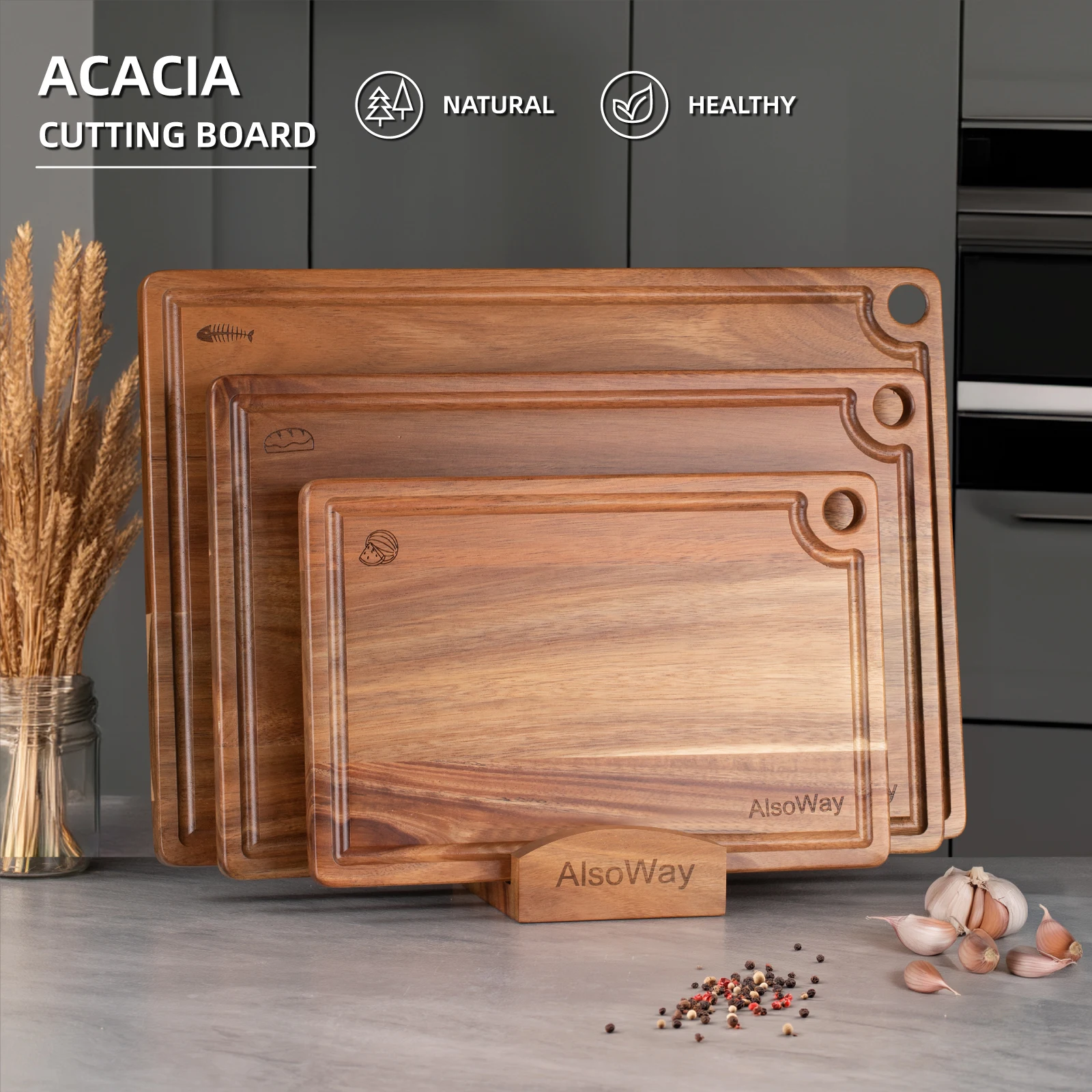 3Pcs Set Cutting Boards for Kitchen with Wood Storage Stand, Reversible Charcuterie & Chopping Boards with Juice Grooves