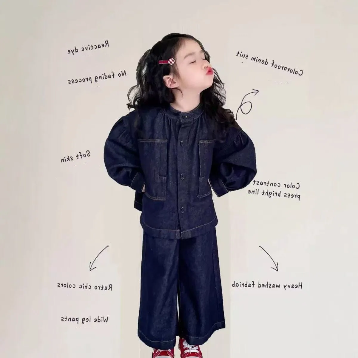 

Girls Suit Denim Long-sleeved Round Neck Jacket Plus Loose Wide-legged Trousers Two-piece Set 2025 Autumn and Winter New