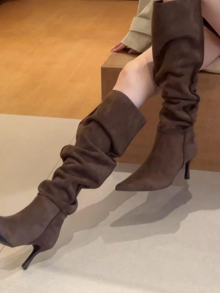 

Retro Sle Faux Suede Pleated Pointed Toe over Knee High Heels Leather Booties Women's Faion Boots Comfortable Soft Rubber...