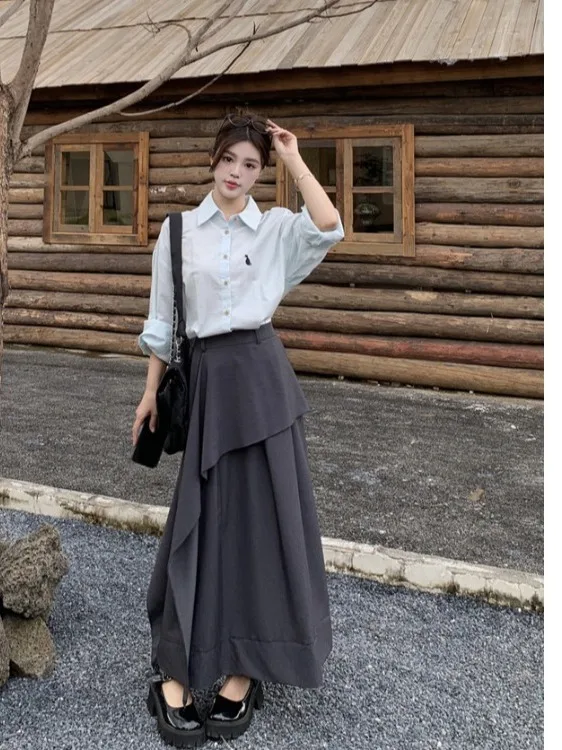 

plus Size Women's College Sle Embroidered Patchwork irt High Waist Skirt Trendy Autumn New Arrival Button Detail