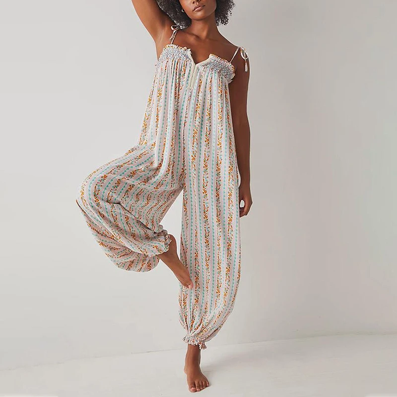 

Elegant V-neck Tie-up Suspender Romper Casual Sleeveless Loose Women Jumpsuit Vintage Pattern Print High Waist Summer Playsuits