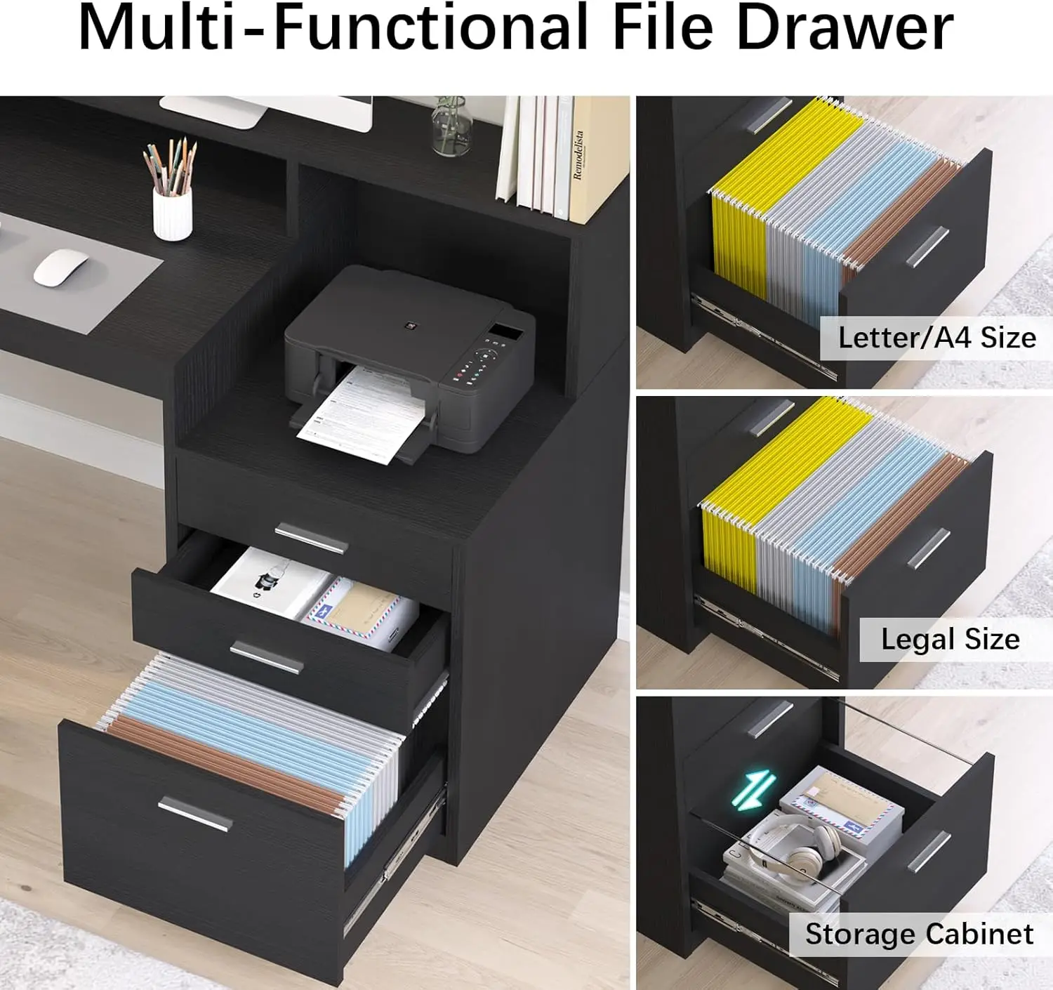 Escritorio para computadora con estantes de almacenamiento de 3 cajones, escritorio de oficina en casa con cajón para archivos, mesa de estudio de escritura con monitor largo