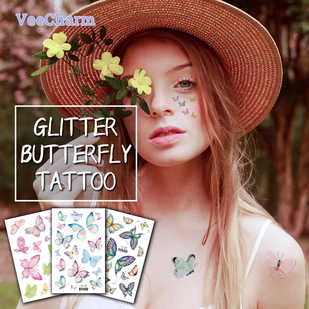 

VeeCharm 1/20 Sheet Glitter Butterfly Temporary Tattoos for Girls Birthday Party Supplies Butterfly Party Favors Fairy Decor