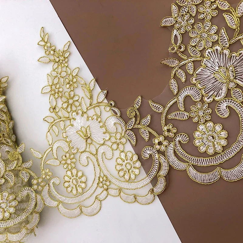 1Yard Gold Line Cording Fabric Flower Venise Venice Mesh Lace Trim Applique DIY Sewing Craft For Bride Wedding Dresses Dec