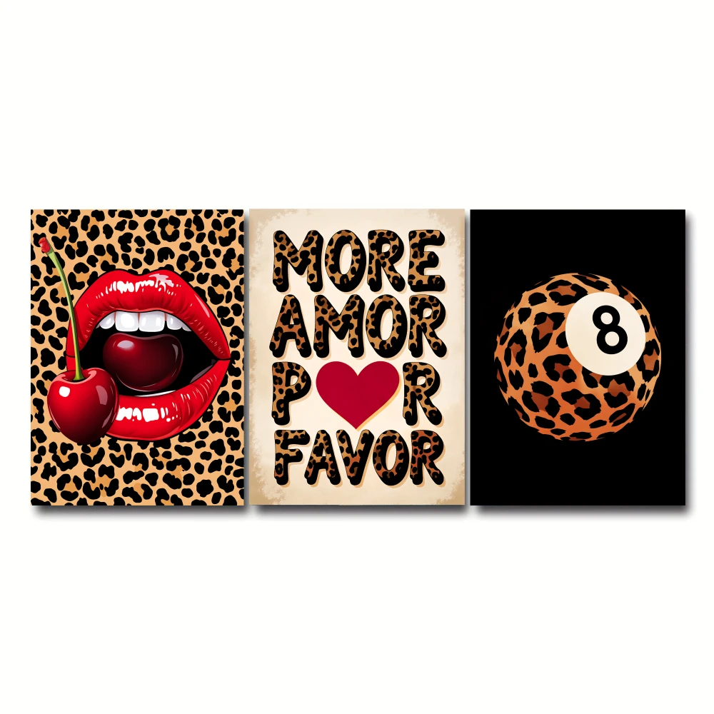 Framed Canvas Wall Art Set Red Lips Cherry Leopard Print with 