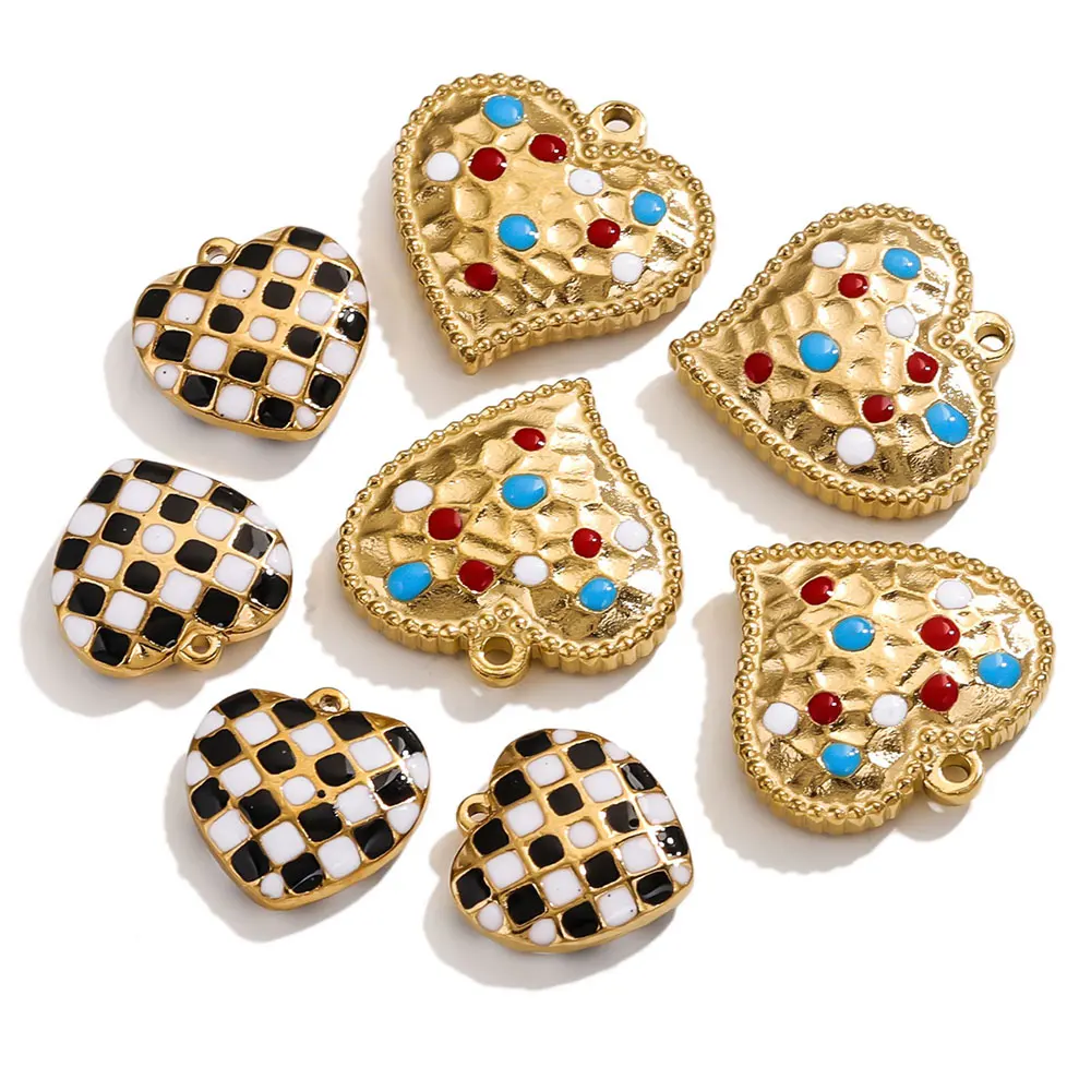 5pcs Stainless Steel Enamel Checkerboard Heart Charms Golden Jewelry Making Accessories DIY Women's Earring Necklace Wholesale