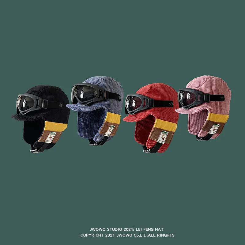 Pilot Lei Feng Hat Male Winter Vintage Contrast Color Windshield Earphone Protection Car Hat Outdoor Cold Ski Hat Female Fashion