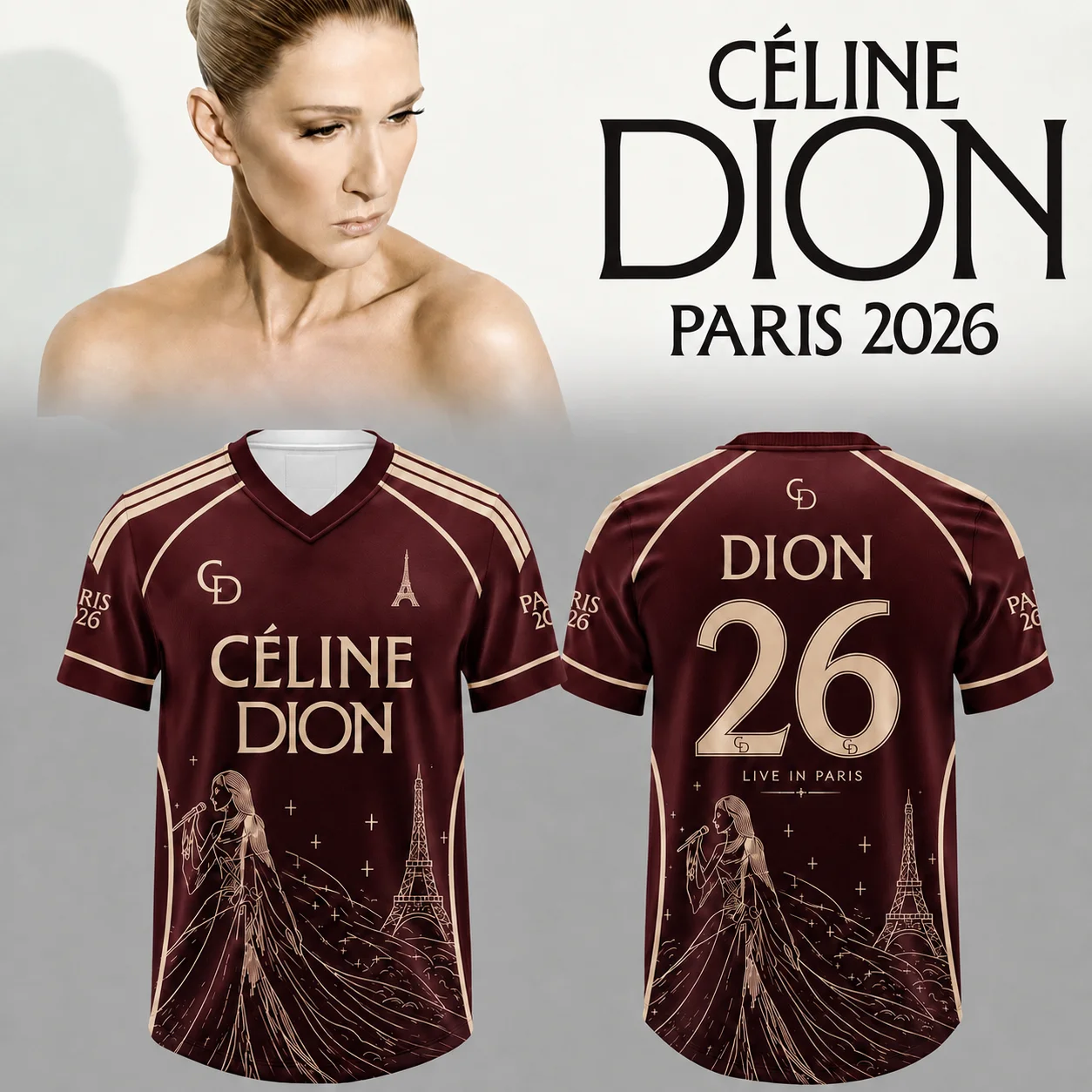 Celine Dion Paris 2026 Tour Fußballtrikot mit goldenem Eiffelturm-Aufdruck, Unisex V-Ausschnitt Kurzarm-T-Shirt, Fan-Shirt für Konzerte und Partys – Detail 3