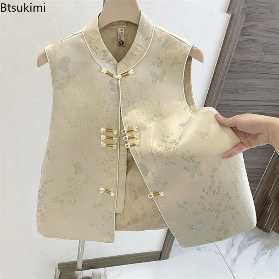 Women Ethnic Style Buckle Jacquard Sleeveless Jacket New Chinese Embroidery Qipao Outer Cardigan Fashion Retro Thin Lining Vest