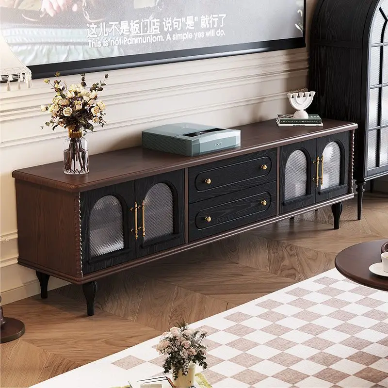 

French retro solid wood TV cabinet black American small apartment living room home storage locker antique furniture