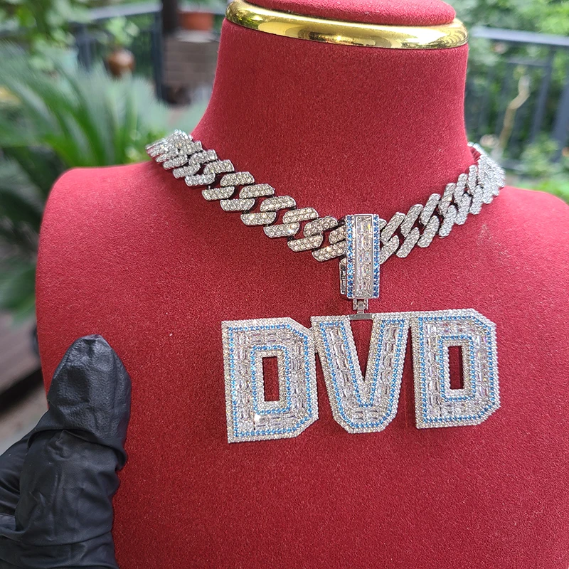 Custom Name Necklace Blue Zirconia Letters for Women Men Iced out Cubic Zircon Charm Personalized Fashion Jewelry Gift