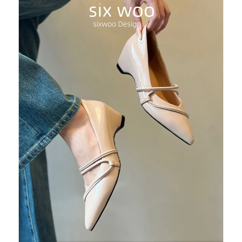 

French-style pointed-toe women's shoes with internal height increase, wrap-around shallow fashion shoes, stylish and versatile,