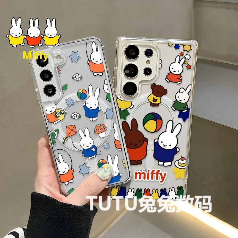 Capa Magnética Kawaii Miffy para Celular, Coelho Miffy e Urso Boris Transparente para S26 Ultra S25 S24 Plus S23 S22 S21