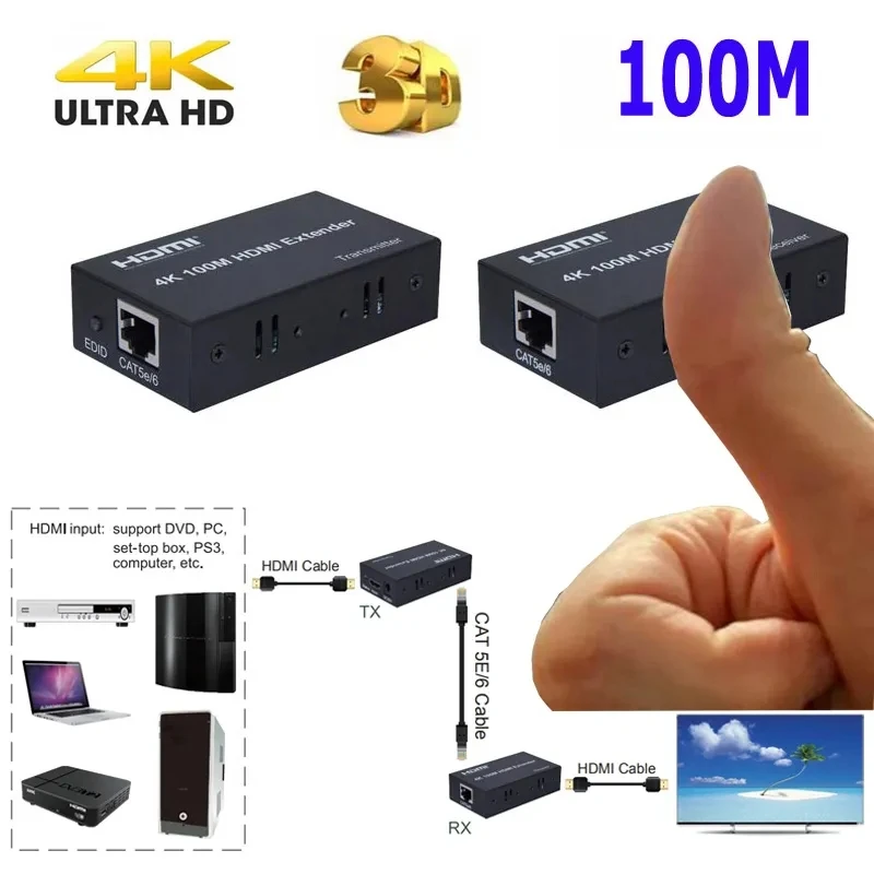 4K HDMI Extender 100M over Single Cat5E/6 Cable HDMI Ethernet Extender Transmit Extension Repeater with EDID for PC HDTV Laptop