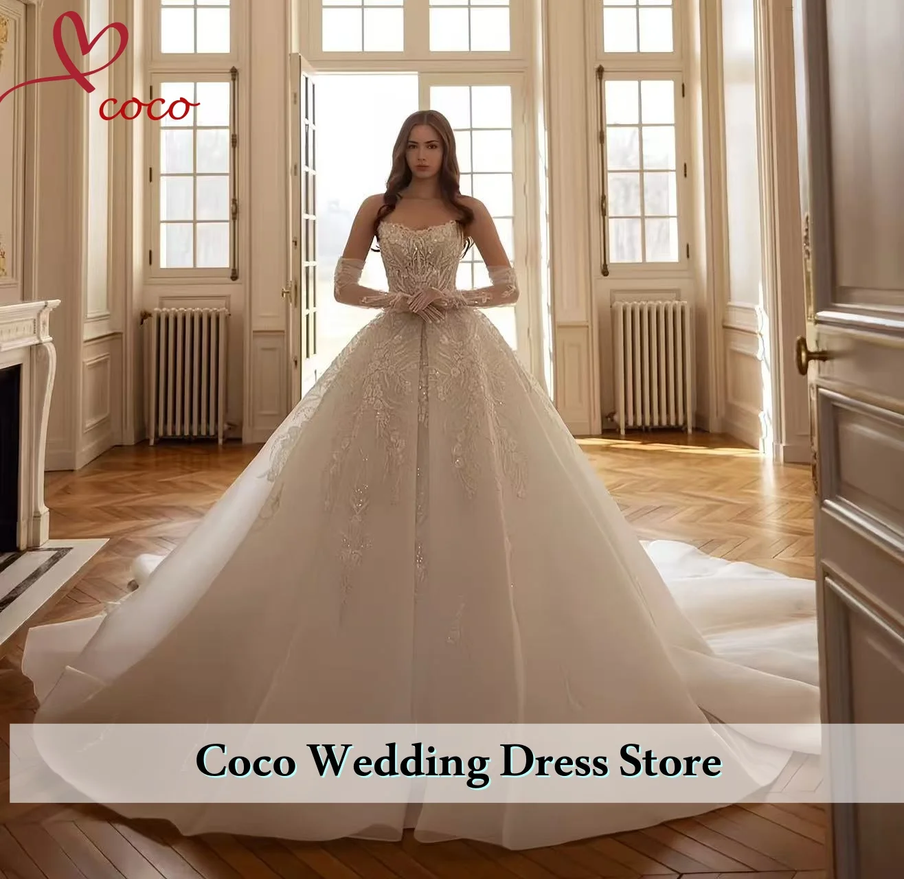 

Customized A-Line Vintage Wedding Dresses Strapless Vestido De Novia Lace Beaded Sequined Court Train Bridal Gowns