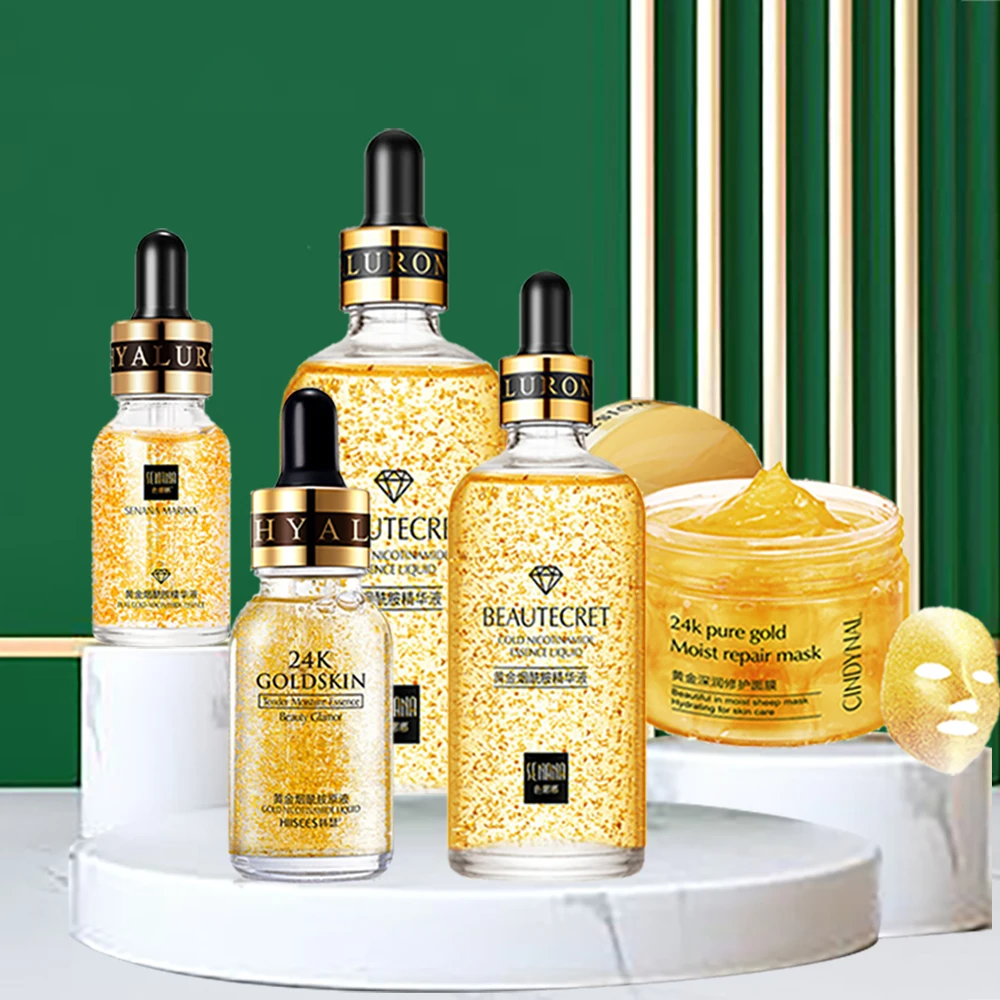 24K Gold Anti Aging Skin Care Set Golden Niacinamide Face Essence Anti Wrinkle Brighten Firming Skin Golden Moist Repair Mask