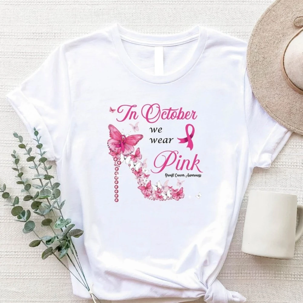 เสื้อรณรงค์มะเร็งเต้านม สไตล์ทันสมัยในเดือนตุลาคม เราสวมเสื้อยืดสีชมพู ริบบิ้นมะเร็ง เสื้อผ้าผู้หญิง วันริบบิ้นสีชมพู เสื้อผ้าสตรีทแวร์