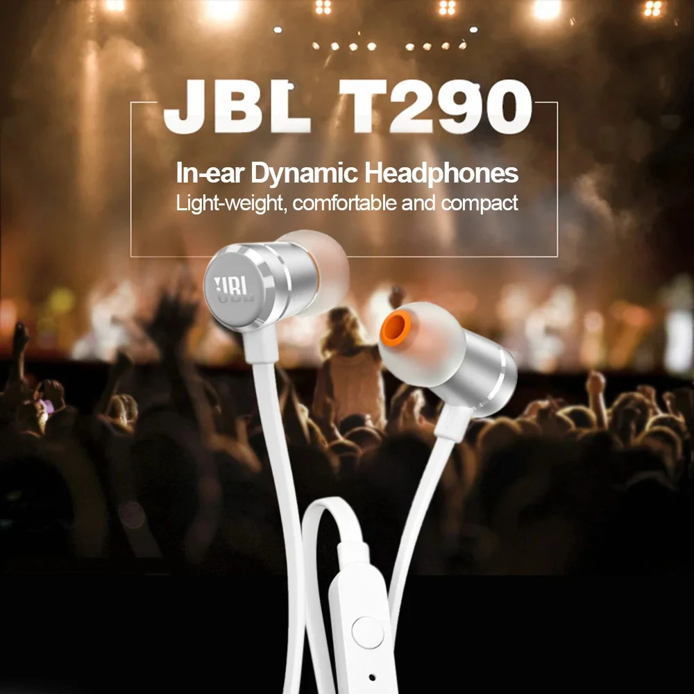 JBL T290 3.5mm Wired Earphones TUNE 290 Earbuds Stereo Music Sports Pure Bass Headset 1-Button Remote Hands-free Call with Mic