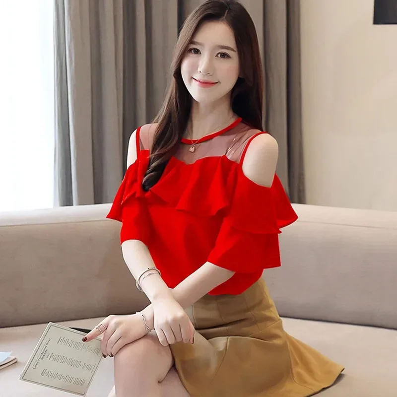 Summer Short Sleeve Ruffles Chiffon Women Blouse Off Shoulder Top Fashion Elegant Shirt