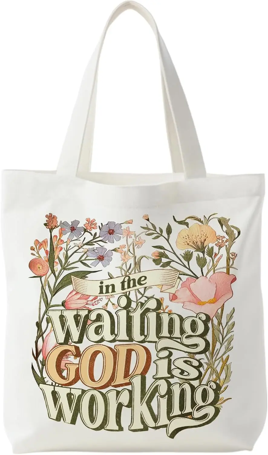 

Belief Inspiration Religion White Canvas Shoulder Bag with Waiting God Flower Printed Pattern Handbag for Daily Commuting Use