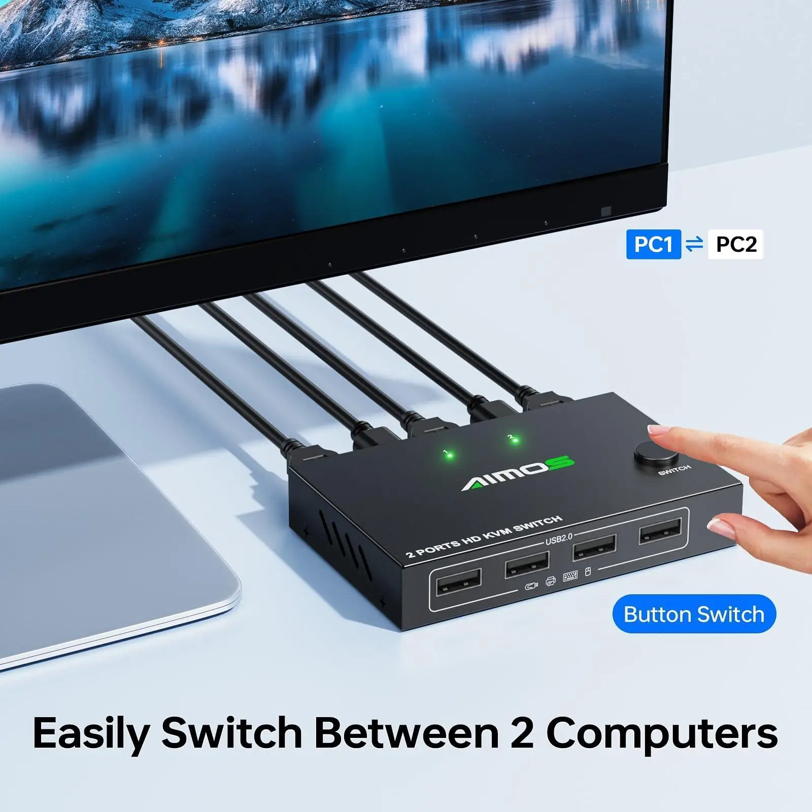 KVM-Switch 1 Monitor 2 Computer 4K bei 60 Hz, Aimos HDMI-KVM-Switch für 2 Computer Share 1 Monitor 4 USB 2.0-Geräte