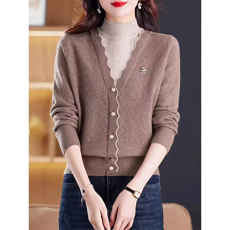 Women\'s Clothes Fake Two Pullovers Winter Thick Warm Half High Necked Wool Jumper Female Tops Knitted Cashmere Sweater