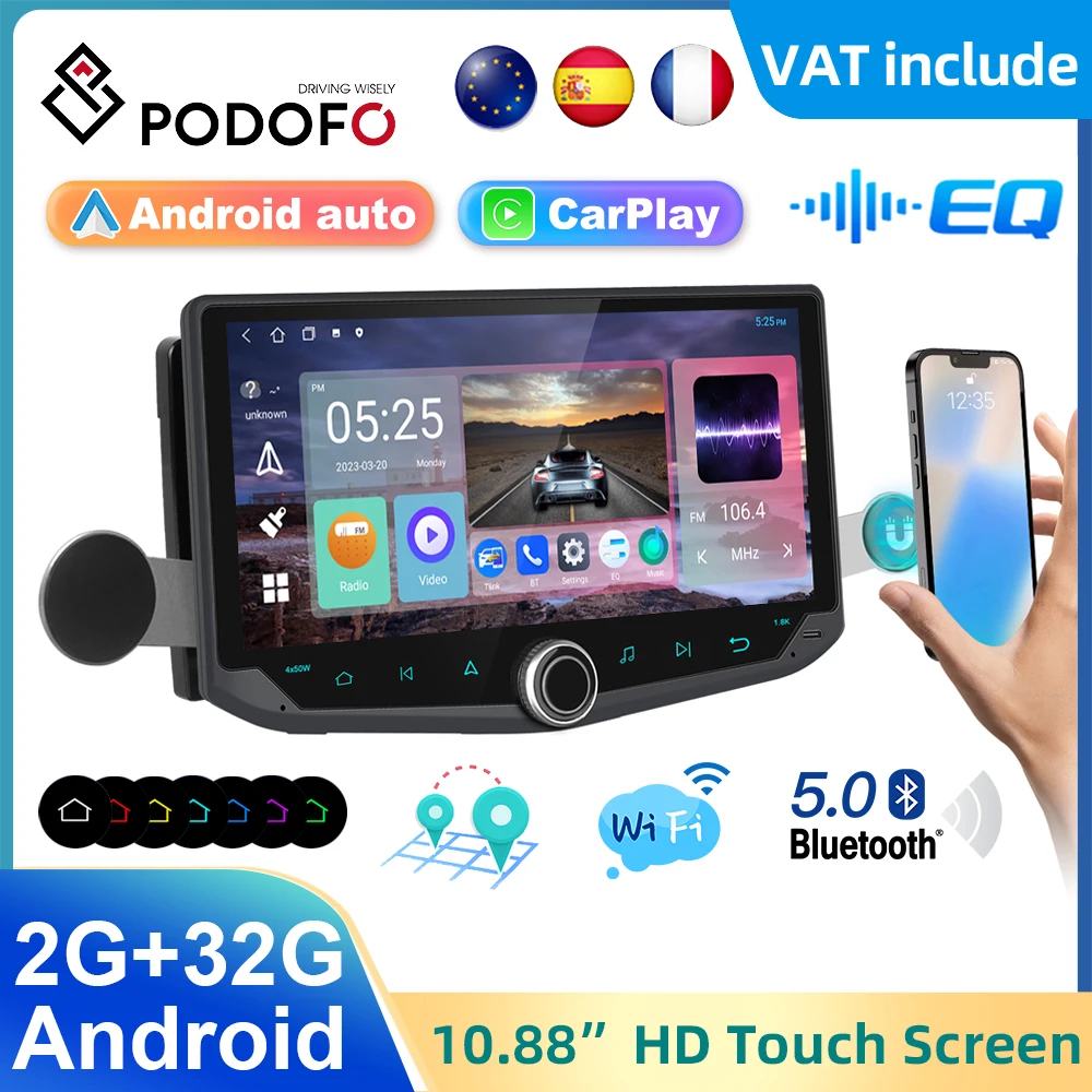 Podofo 2din Android Car Stereo Radio 10.88''Versatile Display Wireless Carplay Android auto Bluetooth WIFI GPS FM Radio Receiver