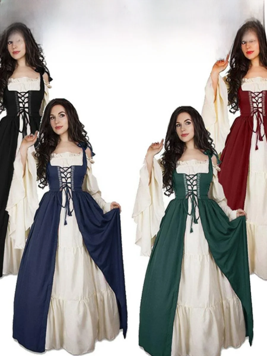 

New loween Women's Retro Court Princ Queen Medieval Play Stage Performance Costume Red Blue een Polyester Dr And Vest