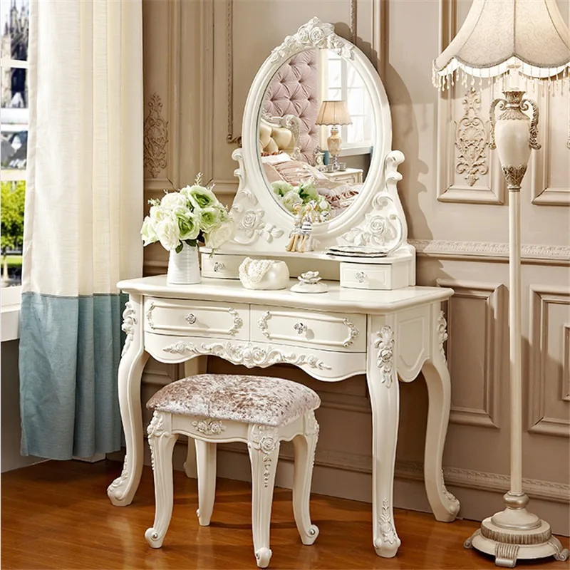 Schminktisch für Schlafzimmer im Französischen Landhausstil, Einfache Prinzessinnen-Ausführung, Kleine Einheit, Mini Geschnitzter Schminktisch mit Spiegel im Großhandel