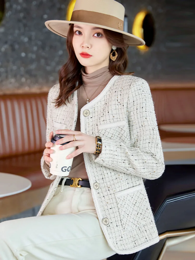 High Quality Autumn Winter Elegant Tweed Blazer Jacket Coat Women Long Sleeve O-neck Korean Fashion OL Woolen Outwear 4XL