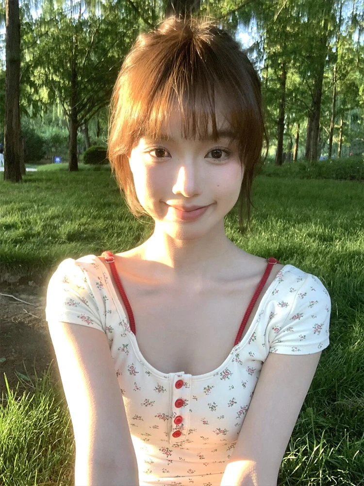 

Pure Desire FlM Fake двухсекционная футболка ort oulder ort Sve Женская летняя тонкая футболка Sweet Spicy ort with Chest Pad Top