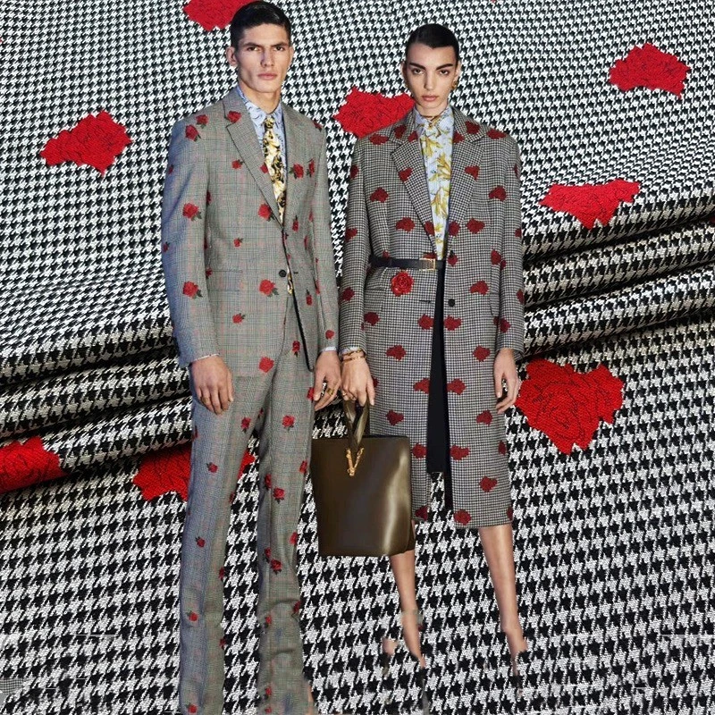 European and American Classic Wool-blend Houndstooth Check Jacquard Trench Coat Fabric Autumn and Winter Suit Haute Couture Suit