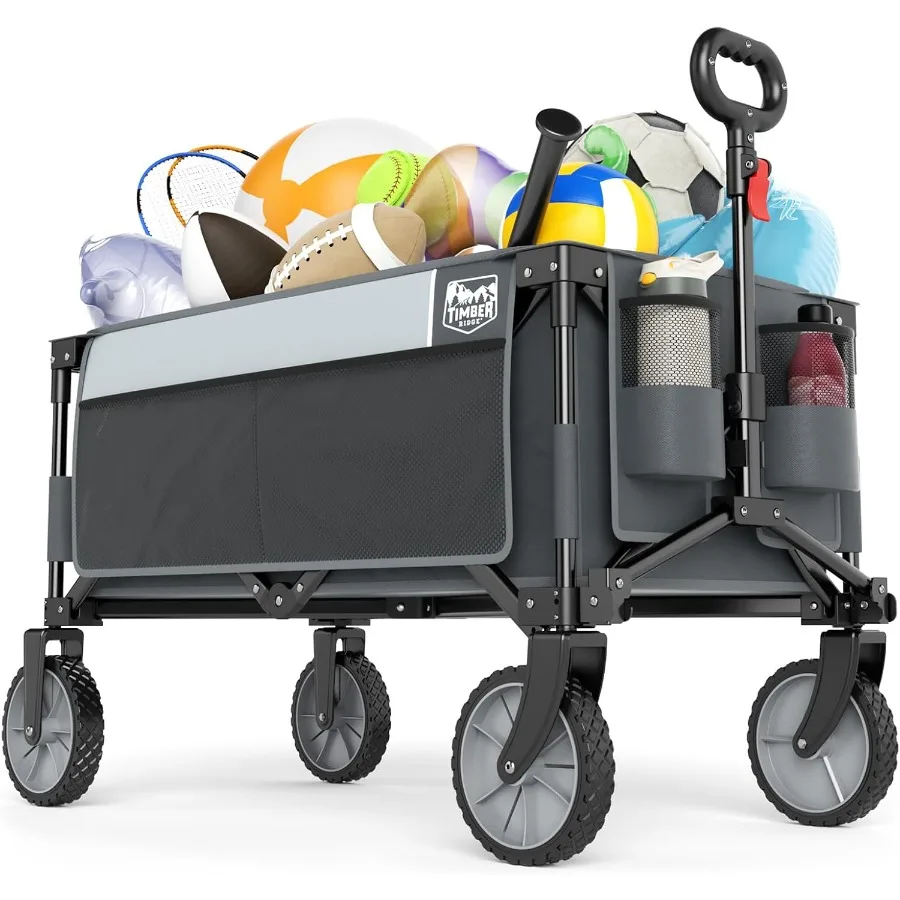 

Collapsible Outdoor Folding Wagon Cart Heavy Duty Camping Patio Shopping Garden Cart with Side Bag Cup Holder Grey