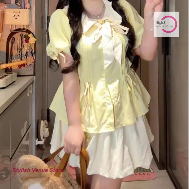 Japanese sweet wind casual wear bow doll collar blouse female summer new fashion design plus size bud skirt two-piece suit.