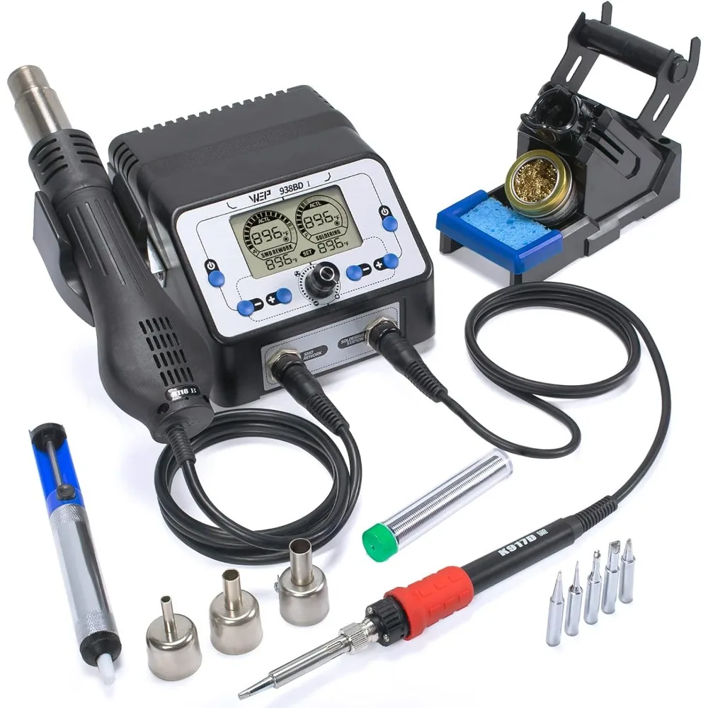 

938BD-I Soldering Iron Station Hot Air Rework Station 2-IN-1 with LCD Display, PID Control, Hot Air Start/Stop, Sleep Mode