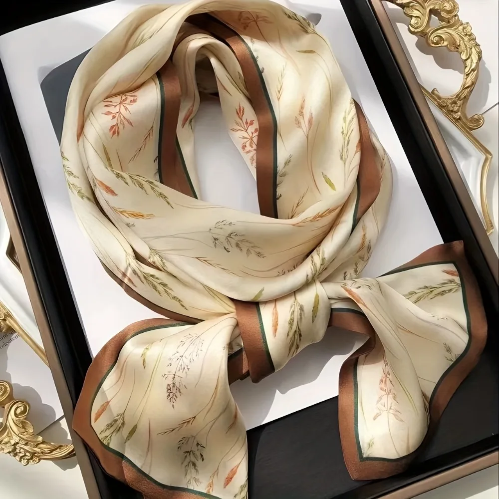Elegant European Style Silk Scarf | 100% Silk, Beige Wheat Pattern, Luxurious, Versatile, Breathable,Ideal for Spring and Summer - Detail 1