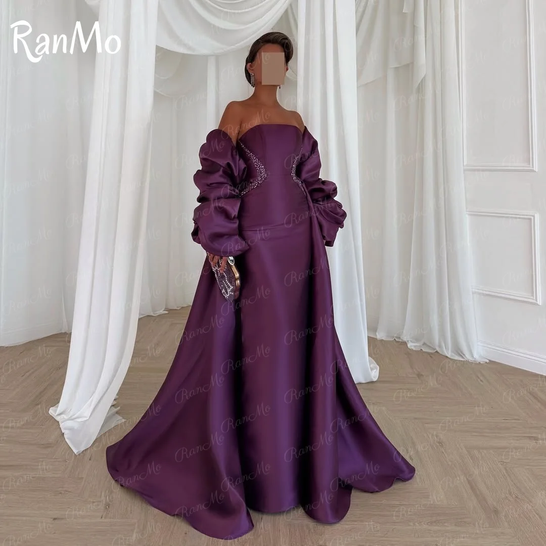 Ranmo Customized Exquisite Strapless Sleeveless Evening Dress Off Shoulder Satin Prom Dresses Delicate Crystal Bridal Party Gown